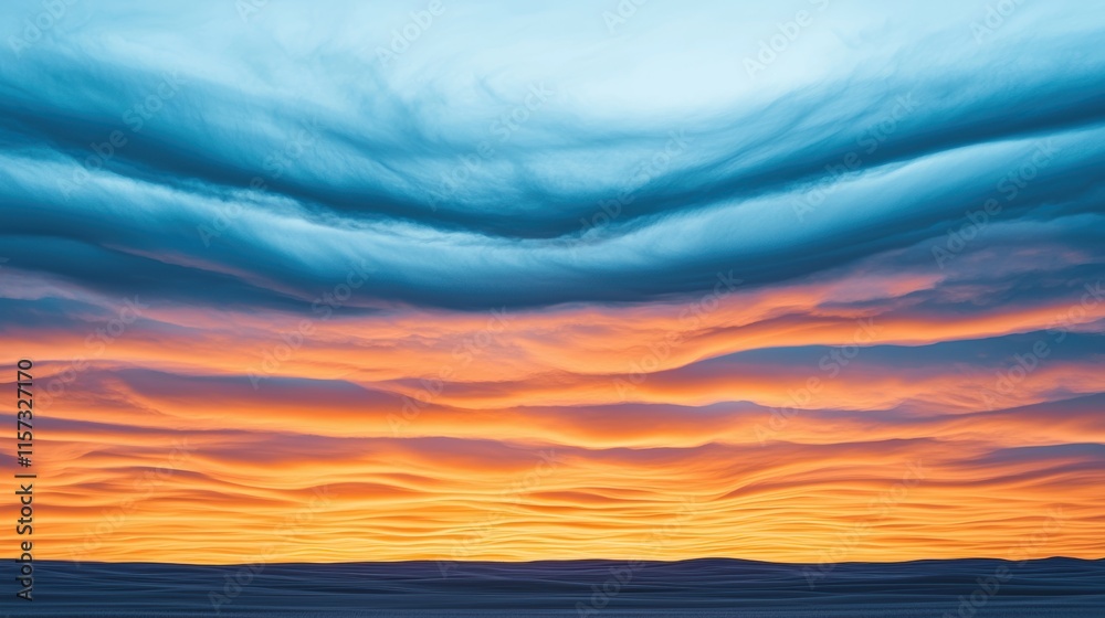 Obraz premium A vibrant sunset featuring layered clouds in blue and orange hues, creating a stunning atmospheric display.