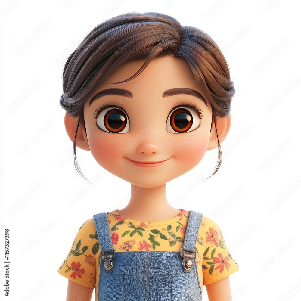 Cheerful Animated Girl With Brown Hair and Big Eyes Wearing Floral Outfit and Denim Overalls, Exuding Warmth and Friendliness in a Bright and Colorful Design Cheerful Animated Girl With Brown Hair and Big Eyes Wearing Floral Outfit and Denim Overalls, Exuding Warmth and Friendliness in a Bright and Colorful Design