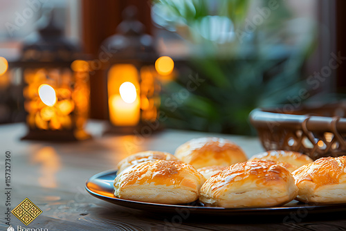 iftar traditions, enjoying qatayef pastries, hearing quranic verses, and feeling grateful and reflective at home after fasting all day photo