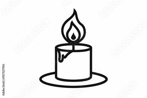 Candle vector illustration line art. A black and white drawing of a candle with leaves and branches
 photo