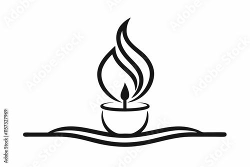 Candle vector illustration line art. A black and white drawing of a candle with leaves and branches
 photo