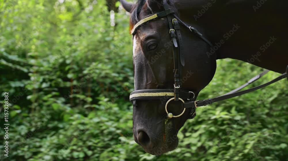 black horse close-up shot head muzzle walking in forest meadow, summer nature green trees foliage, fresh plant, Beautiful animal eyes pet, young beauty mare dark brown fur. spring day Ranch farm black horse close-up shot head muzzle walking in forest meadow, summer nature green trees foliage, fresh plant, Beautiful animal eyes pet, young beauty mare dark brown fur. spring day Ranch farm