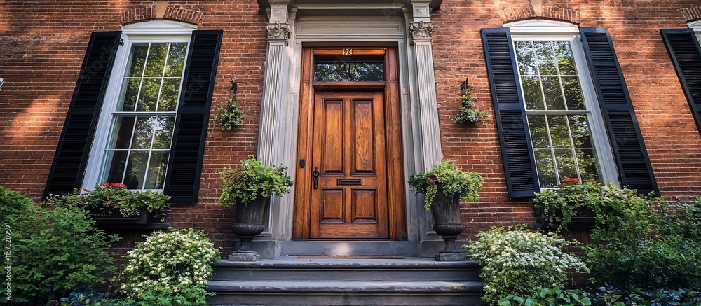 Fototapeta premium Elegant Brick House Entrance with Wooden Door