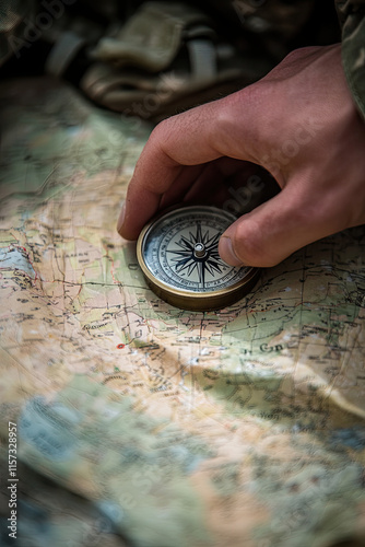 A hand gripping a compass on a military map, symbolizing direction and strategy