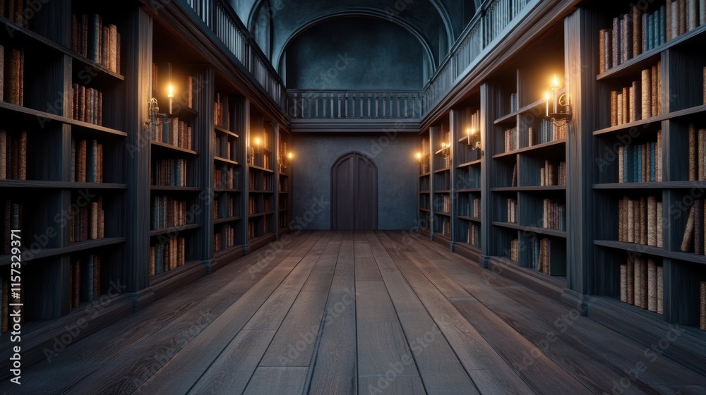 Fototapeta premium A dimly lit library featuring tall bookshelves filled with books, wooden flooring, and a gothic architectural design.