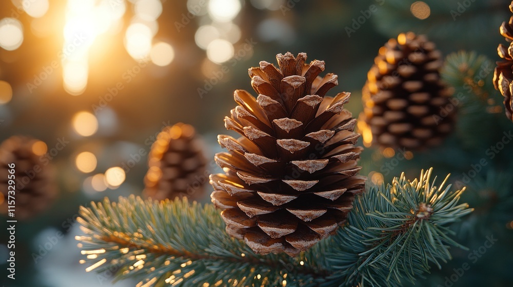 Sunlit pine cones on evergreen branch. Sunlit pine cones on evergreen branch.