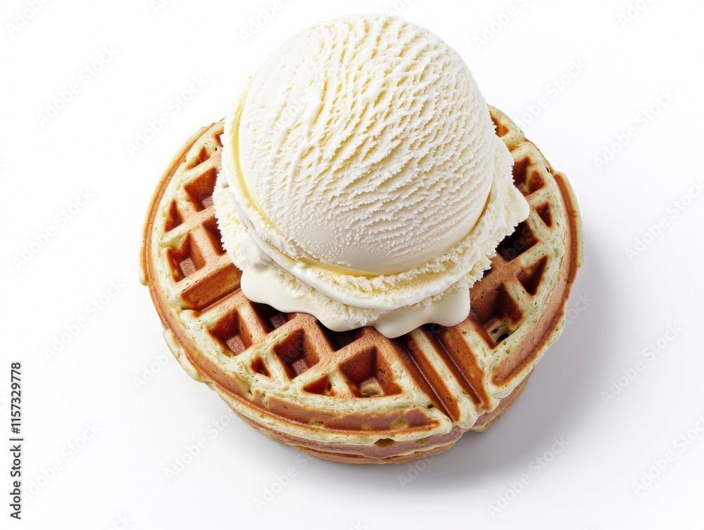 Detailed 3D Illustration of a Single Scoop of Creamy Ice Cream on a Golden Waffle, Captured in Gigapixel Standard Quality, Version 2, 4x Magnification for Stock Photo Use Detailed 3D Illustration of a Single Scoop of Creamy Ice Cream on a Golden Waffle, Captured in Gigapixel Standard Quality, Version 2, 4x Magnification for Stock Photo Use