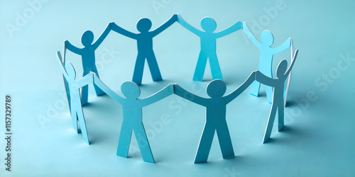 a circle of blue paper cutouts representing people, holding hands, symbolizing unity and collaboration.