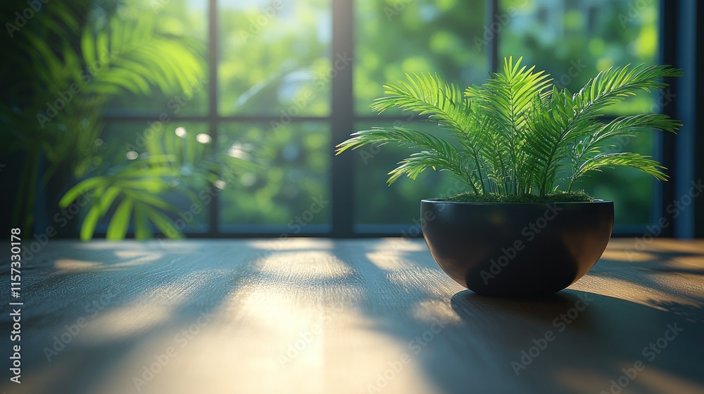 Fototapeta premium Sunlit plant in pot on wooden table by window.