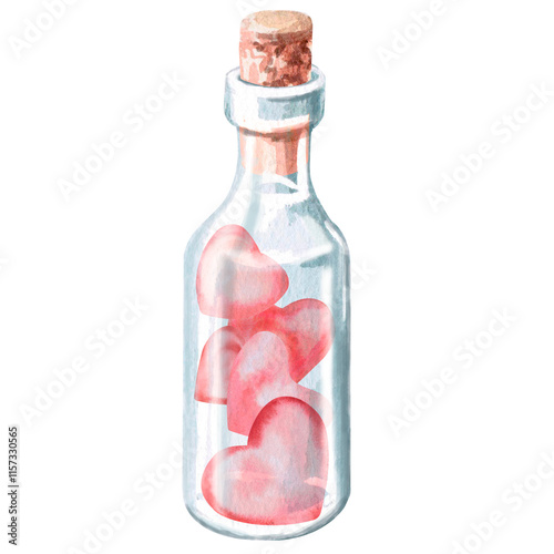 Magic bottle with a cork with hearts inside. Isolated watercolor illustration for the design of gift products for Valentine's Day, printing on posters, clothes, fabric, decorating children's rooms.