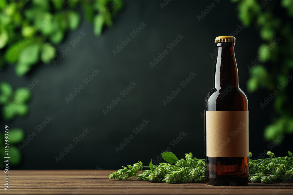 Obraz premium Braune Flasche vor grünem Hintergrund mit frischen Hopfenzweigen