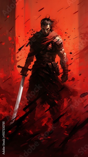 A warrior stands in a dramatic red background, wielding a sword, evoking a sense of power. photo