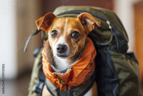 Adventurous dog ready for hiking trip photo