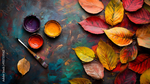 Artistic autumn flatlay with colorful fall leaves, vibrant paints, and a brush on a textured surface, perfect for DIY projects, seasonal art, and creative inspiration for artists

 photo