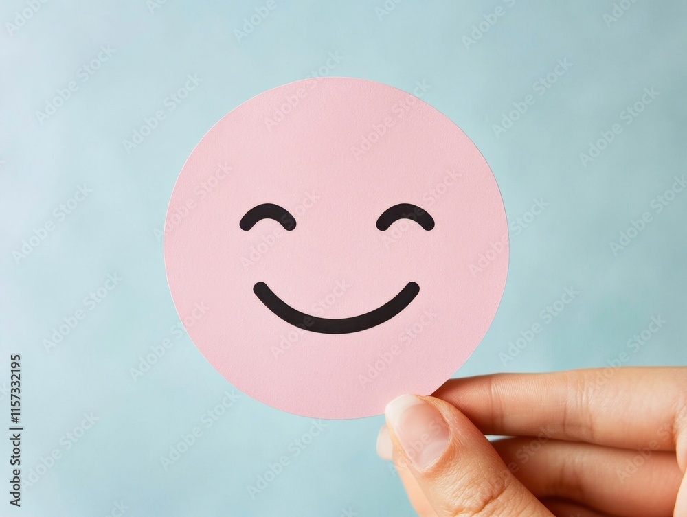 A hand holds a pink smiley face sticker against a soft blue background, symbolizing happiness and positivity.