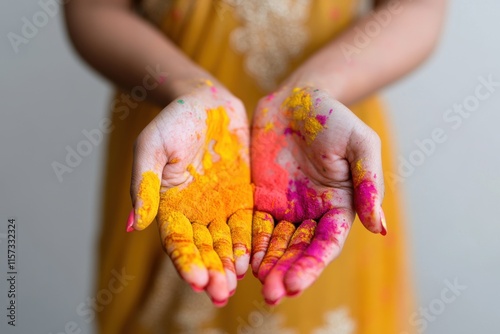 festive indian portrait, a woman in a colorful sari, hands painted with holi colors, standing in front of a traditional indian home photo