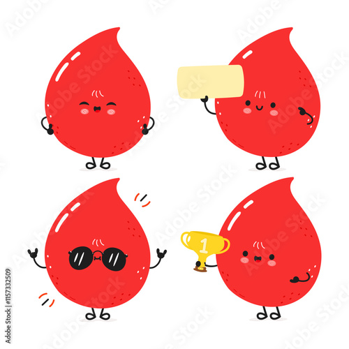 Funny blood drop characters bundle set. Vector hand drawn doodle style cartoon character illustration icon design. Cute blood drop mascot character collection