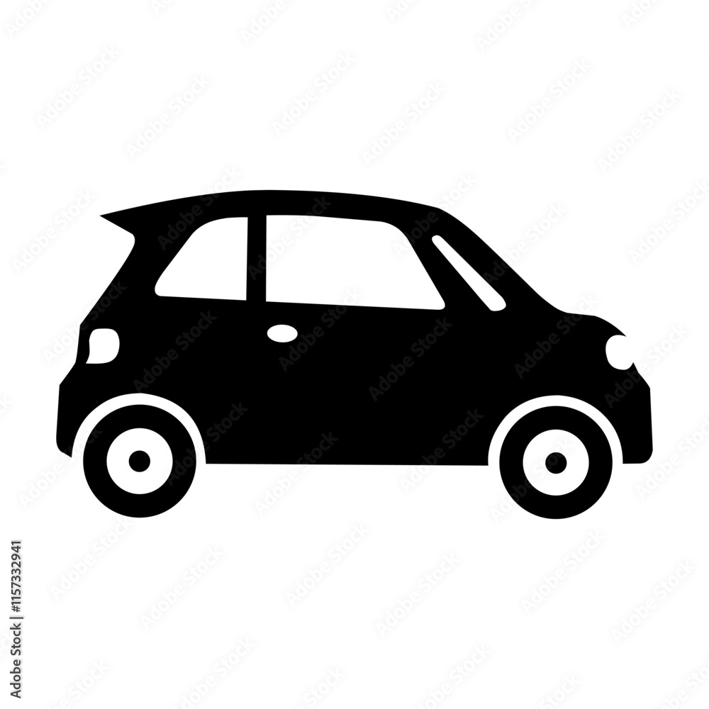Naklejka premium A simple black silhouette of a small compact car, viewed from the side.
