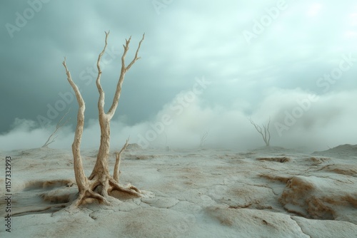 In a post-apocalyptic landscape, skeletal trees reach toward a dim sky, their twisted forms evoking an eerie stillness in a world long lost photo