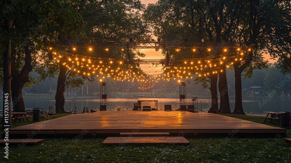 Obraz premium A serene outdoor stage adorned with string lights, perfect for events by the water.