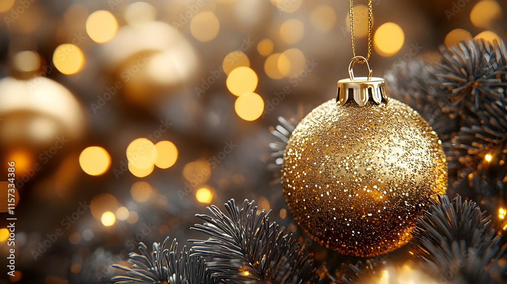 Sparkling gold Christmas ornament hanging on a dark green tree branch with warm bokeh lights. Sparkling gold Christmas ornament hanging on a dark green tree branch with warm bokeh lights.