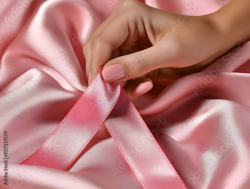 Close-up of a hand gently holding a pink ribbon on pink silk fabric.