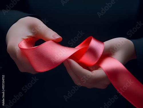 Close-up of hands tying a pink satin ribbon, signifying support and awareness.