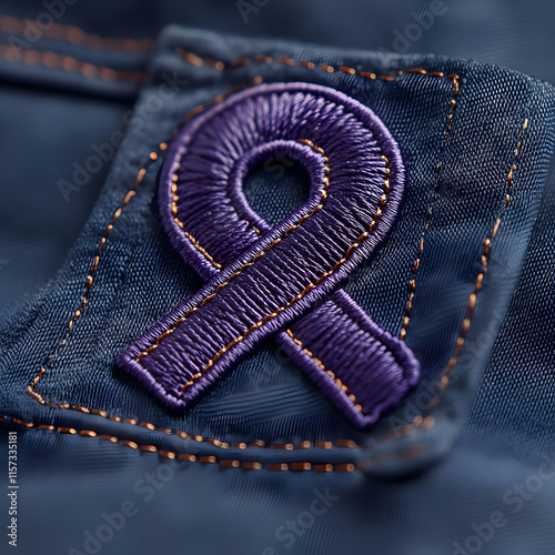 Close-up of a purple embroidered ribbon patch sewn onto dark blue fabric.