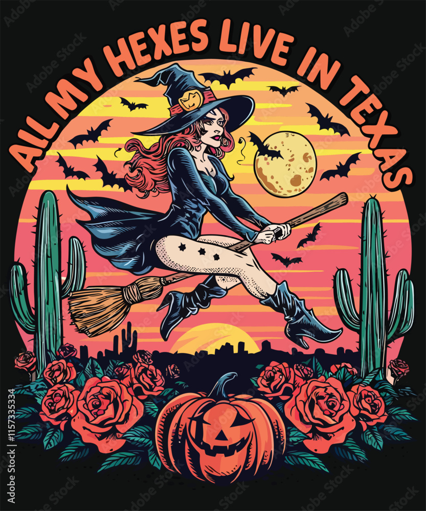 Obraz premium All My Hexes Live in Texas - Vibrant Witch Illustration for Halloween Fu