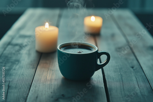 Gemütlicher Teetasse mit dampfendem Inhalt und brennender Kerze

 photo