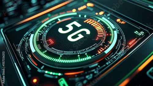 Wallpaper Mural The promise of ultra-fast mobile connectivity is made via a glowing 5G speedometer on a stylish green smartphone interface. Torontodigital.ca