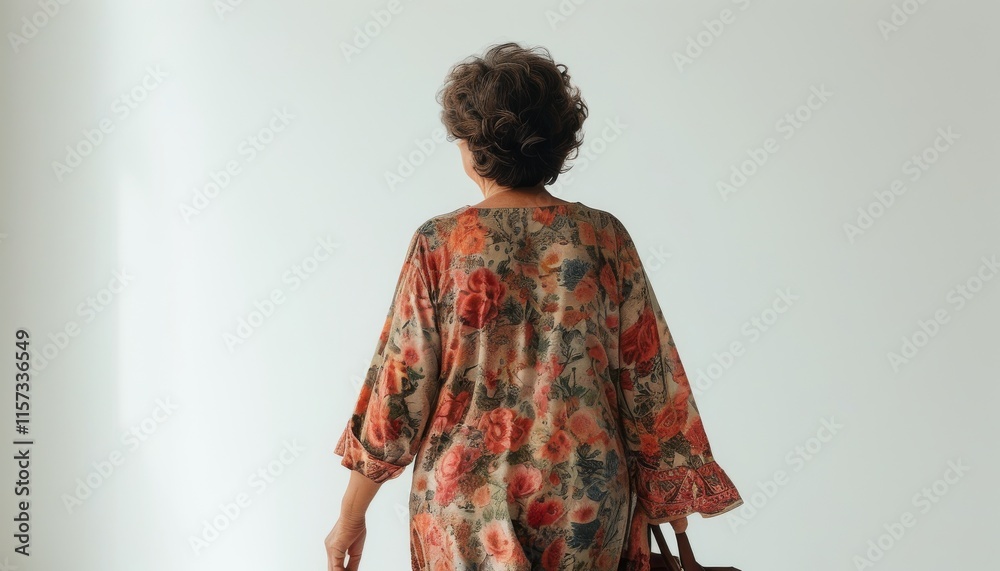 Mature Woman in Floral Robe Walking Away Against Minimalist Background Mature Woman in Floral Robe Walking Away Against Minimalist Background
