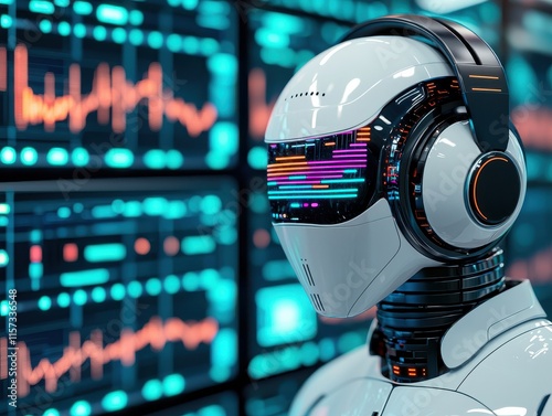 Futuristic Robot with Headphones Analyzing Data on Digital Displays in a High-Tech Environment for Enhanced User Experience and Interaction photo