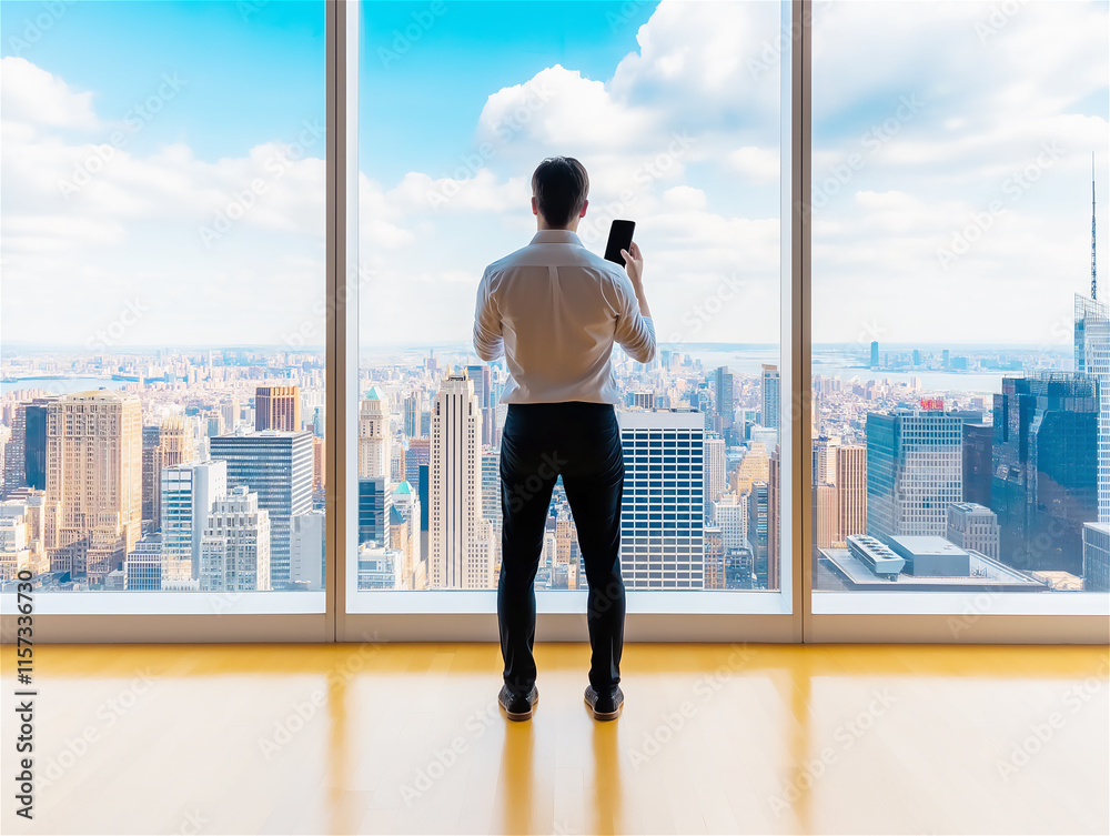 Businessman in a formal suit standing by a large window, gazing out at the urban skyline. Morning light creates a sense of ambition, motivation, and planning. Businessman in a formal suit standing by a large window, gazing out at the urban skyline. Morning light creates a sense of ambition, motivation, and planning.