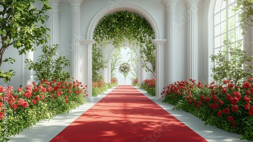 A serene pathway adorned with flowers, leading to a bright, inviting space.