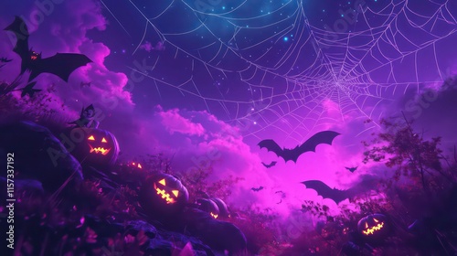 Glowing jack-o'-lanterns, bats, and spiderwebs under a purple night sky.