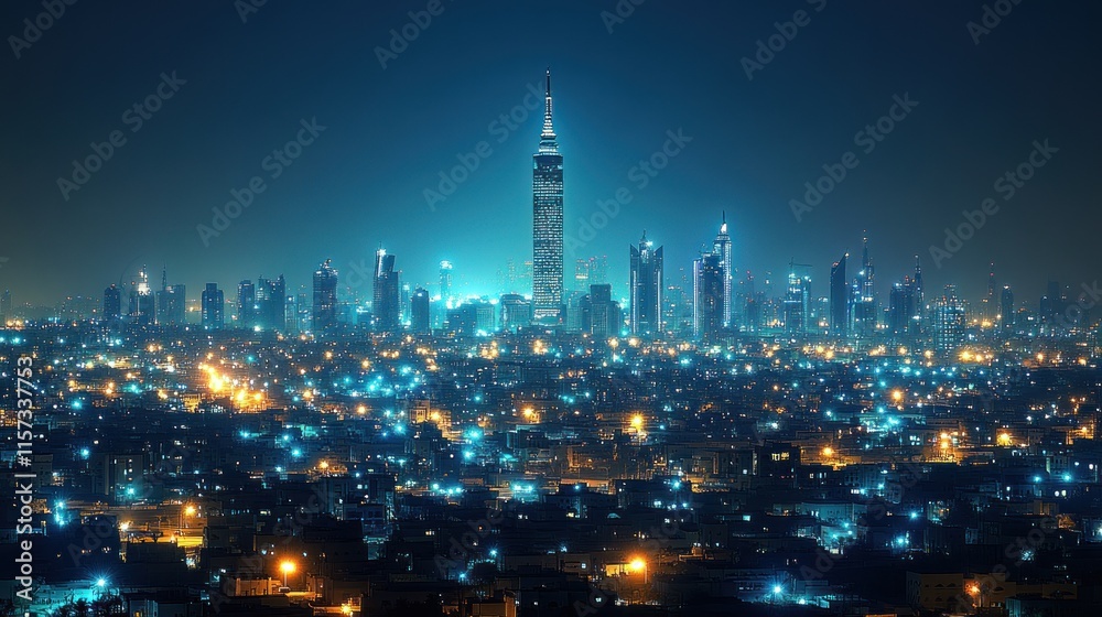 Fototapeta premium Night cityscape, illuminated skyscrapers and buildings.