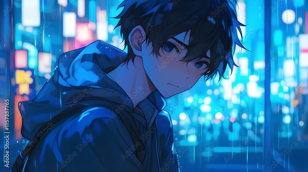 Fototapeta premium Young anime man portrayed with a sad expression, illustrating feelings of loneliness on a rainy night
