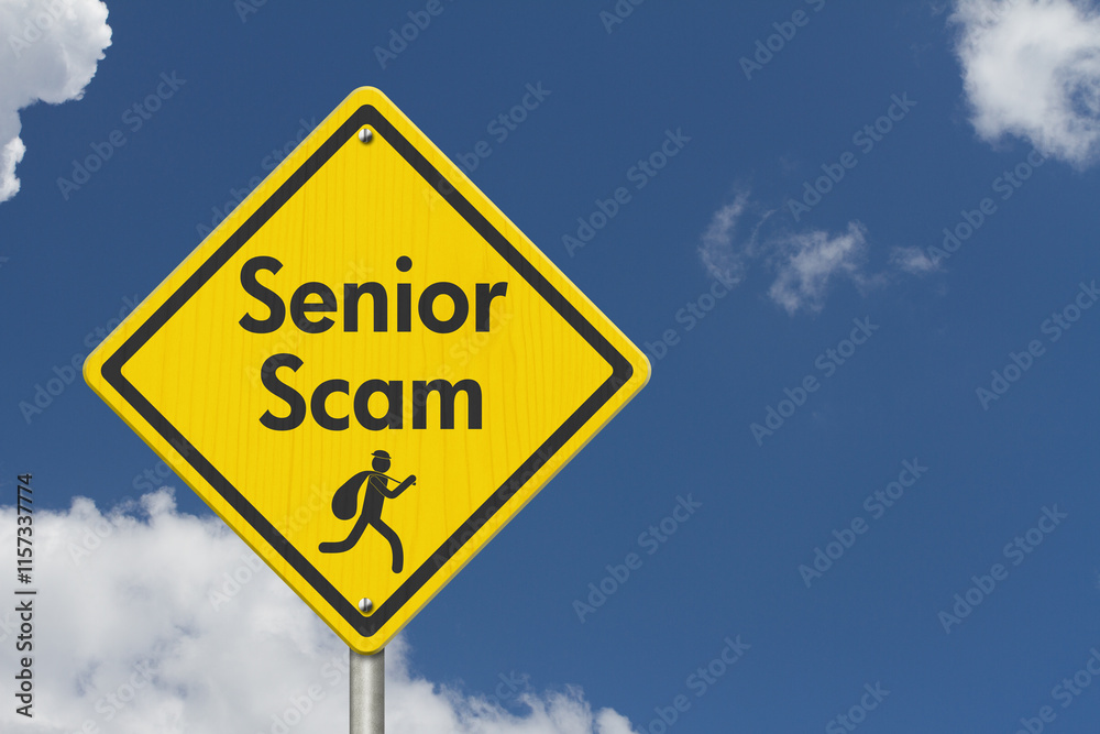 Senior Scam warning sign with sky Senior Scam warning sign with sky
