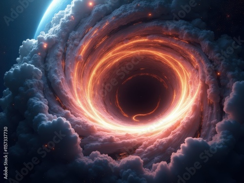 Swirling cosmic vortex with glowing orange and yellow hues, surrounded by dark clouds and a distant planetary horizon in deep space