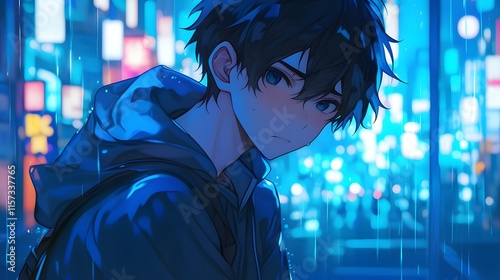 Young anime man portrayed with a sad expression, illustrating feelings of loneliness on a rainy night photo