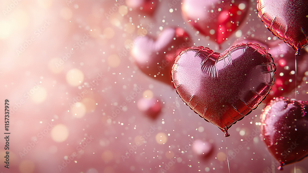 Fototapeta premium Heart shaped air balloons on pink background vor Valentine's day celebration.