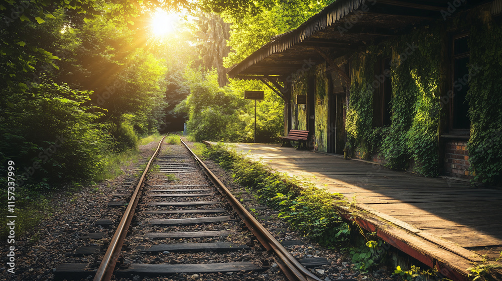 Overgrown railway station with sunlight breaking through trees