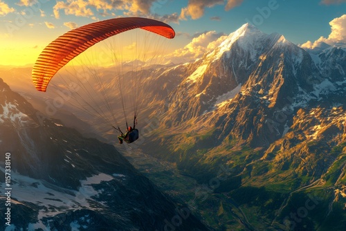 Paraglider flying over majestic Mont Blanc mountain range during golden sunset photo