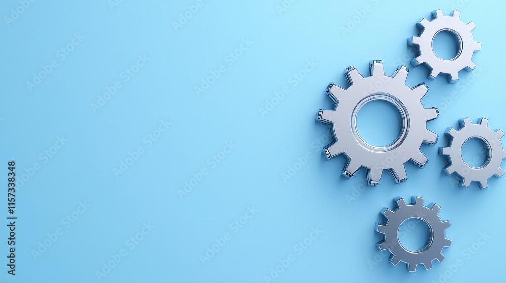 Polished Metallic Gears on Blue Background with Textures for Themed Projects in Industrial or Technology Concepts Polished Metallic Gears on Blue Background with Textures for Themed Projects in Industrial or Technology Concepts
