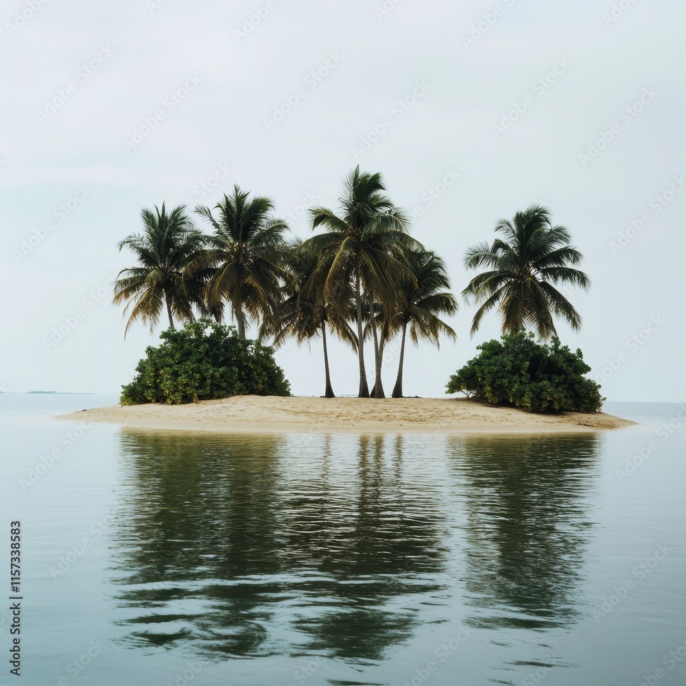 Obraz premium Beautiful Tropical Island With Palm Trees Mirrored in Calm Waters During Daytime