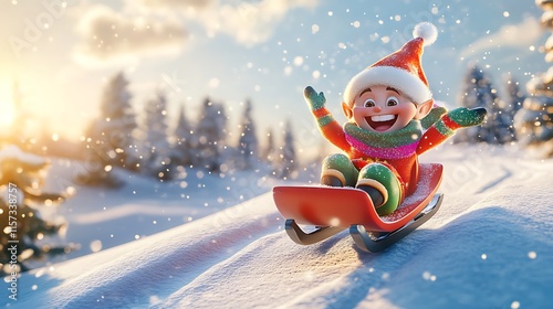 Happy Elf Sledding Down Snowy Hill In Winter Wonderland
