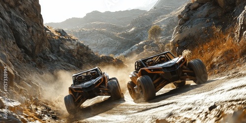 Off-road Adventure in Rugged Terrain With Powerful Vehicles Racing Through Dusty Trails During Golden Hour