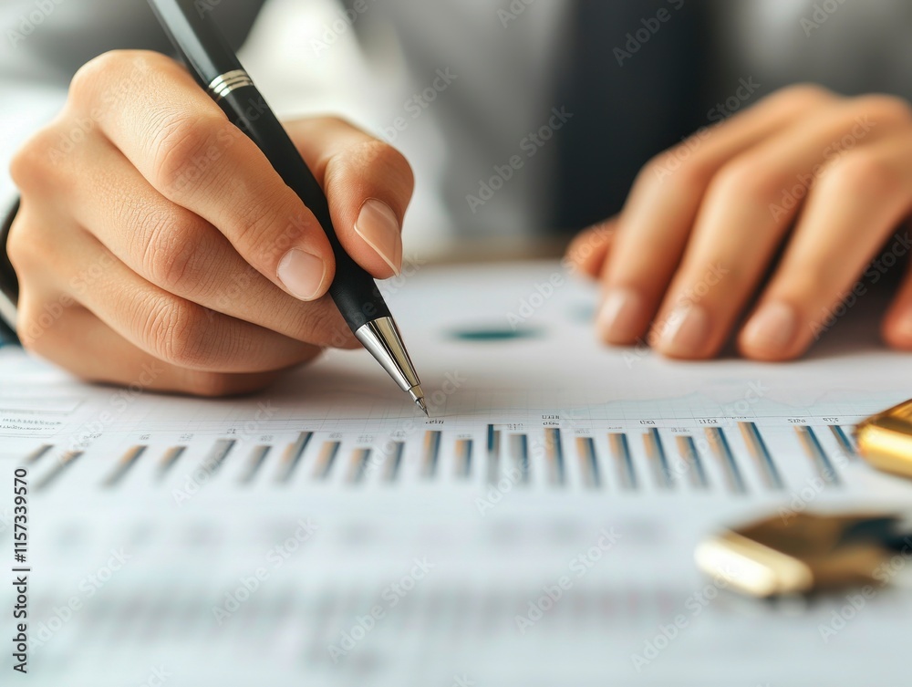 Close-Up of Hands Holding a Pen While Marking Financial Data on a Document, Representing Analysis and Business Insights in a Professional Setting Close-Up of Hands Holding a Pen While Marking Financial Data on a Document, Representing Analysis and Business Insights in a Professional Setting