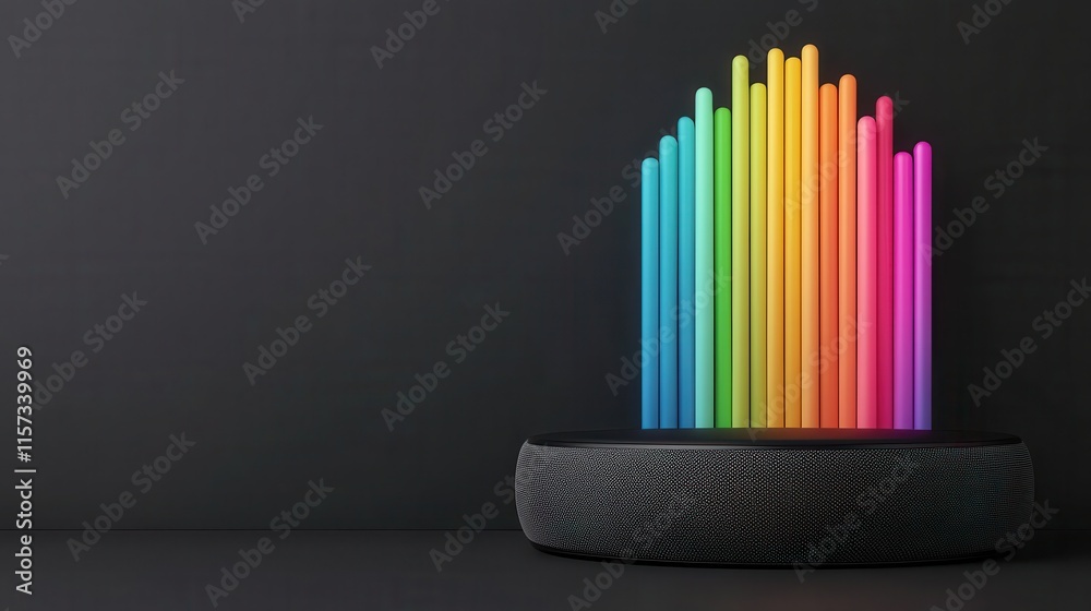 Vibrant 3D Render of a Bluetooth Speaker with Colorful Sound Waves Emitting from the Top Against a Dark Background for Modern Audio Visuals Vibrant 3D Render of a Bluetooth Speaker with Colorful Sound Waves Emitting from the Top Against a Dark Background for Modern Audio Visuals
